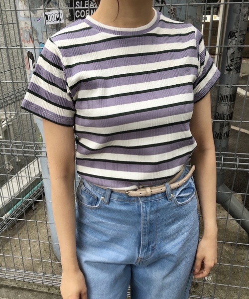 Culture Medium(カルチャーミディアム)の「先染めマルチボーダーリブTOPS(Tシャツ/カットソー・レディース・ベージュ/パープル/ネイビー/サックスブルー・FREE)」の2枚目の写真