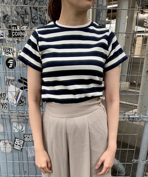 Culture Medium(カルチャーミディアム)の「先染めマルチボーダーリブTOPS(Tシャツ/カットソー・レディース・ベージュ/パープル/ネイビー/サックスブルー・FREE)」の1枚目の写真