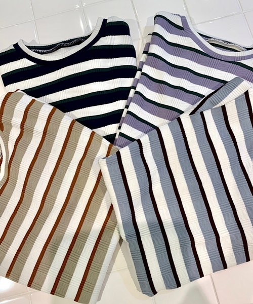 Culture Medium(カルチャーミディアム)の「先染めマルチボーダーリブTOPS(Tシャツ/カットソー・レディース・ベージュ/パープル/ネイビー/サックスブルー・FREE)」の9枚目の写真
