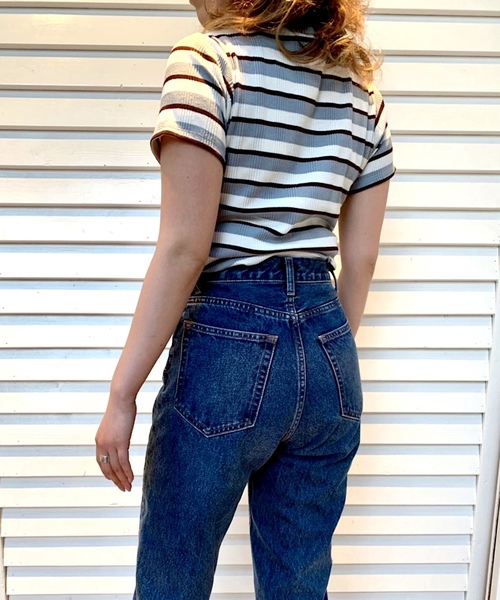 Culture Medium(カルチャーミディアム)の「先染めマルチボーダーリブTOPS(Tシャツ/カットソー・レディース・ベージュ/パープル/ネイビー/サックスブルー・FREE)」の14枚目の写真