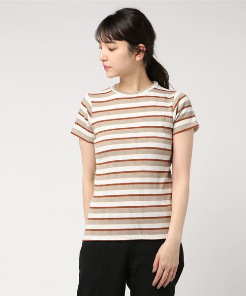Culture Medium(カルチャーミディアム)の「先染めマルチボーダーリブTOPS(Tシャツ/カットソー・レディース・ベージュ/パープル/ネイビー/サックスブルー・FREE)」の8枚目の写真