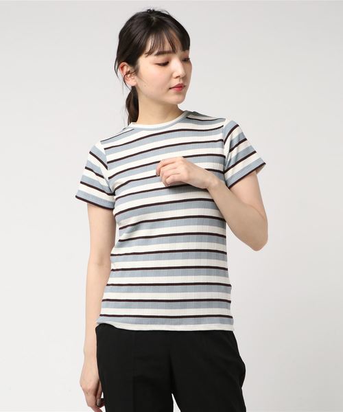 Culture Medium(カルチャーミディアム)の「先染めマルチボーダーリブTOPS(Tシャツ/カットソー・レディース・ベージュ/パープル/ネイビー/サックスブルー・FREE)」の6枚目の写真