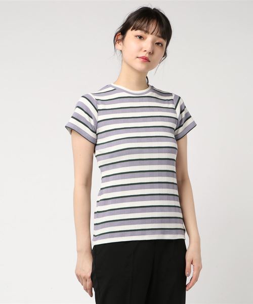Culture Medium(カルチャーミディアム)の「先染めマルチボーダーリブTOPS(Tシャツ/カットソー・レディース・ベージュ/パープル/ネイビー/サックスブルー・FREE)」の5枚目の写真