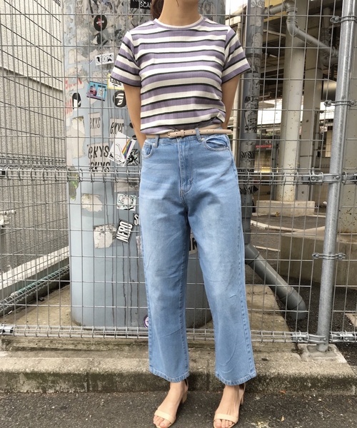 Culture Medium(カルチャーミディアム)の「先染めマルチボーダーリブTOPS(Tシャツ/カットソー・レディース・ベージュ/パープル/ネイビー/サックスブルー・FREE)」の12枚目の写真