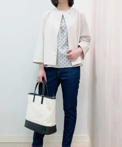 NEWYORKER(ニューヨーカー)の「Jaccessory(ジャクセサリー)/パールニット トッパー風ジャケット(ノーカラージャケット・レディース・ネイビー/ベージュ/ダークグレー・11号/9号)」の17枚目の写真
