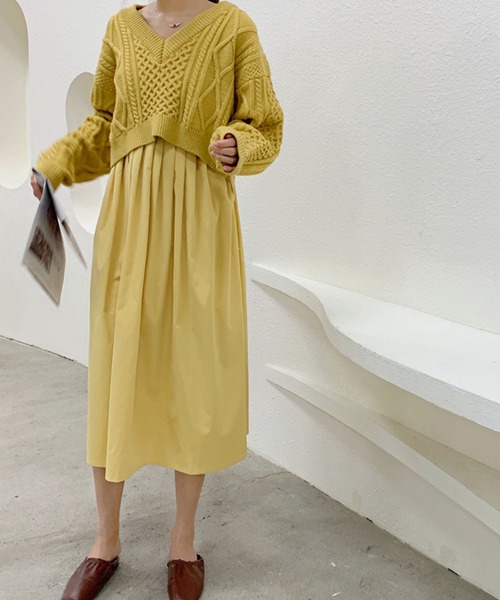 Girly Doll（ガーリードール）の「ケーブルニット・キャミワンピースセットアップ（ワンピース・レディース・ブラック/イエロー/グリーン/ベージュ・FREE）」の18枚目の写真
