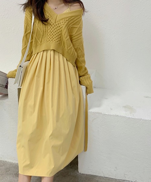 Girly Doll（ガーリードール）の「ケーブルニット・キャミワンピースセットアップ（ワンピース・レディース・ブラック/イエロー/グリーン/ベージュ・FREE）」の21枚目の写真