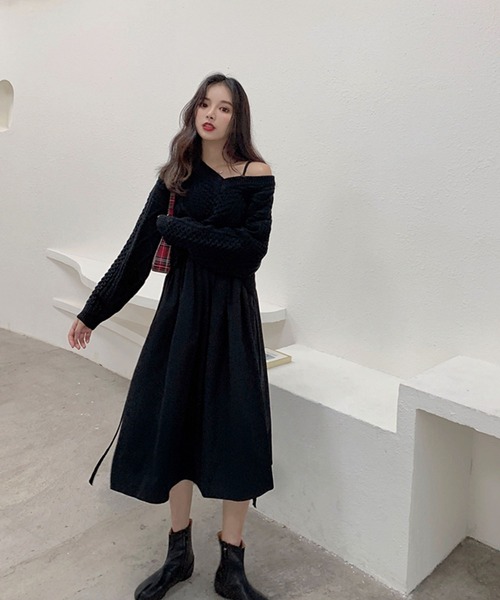 Girly Doll（ガーリードール）の「ケーブルニット・キャミワンピースセットアップ（ワンピース・レディース・ブラック/イエロー/グリーン/ベージュ・FREE）」の13枚目の写真