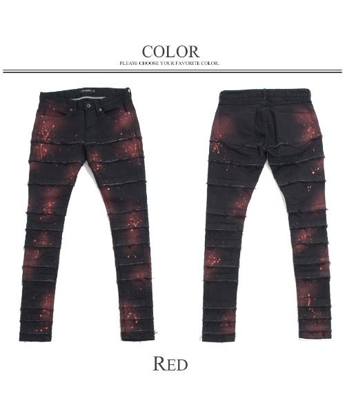 CIVARIZE（シヴァーライズ）の「『CIVARIZE』ペンキスプラッシュフリンジ切り替えスキニーパンツ（デニムパンツ・メンズ・レッド・S/M/L）」の7枚目の写真