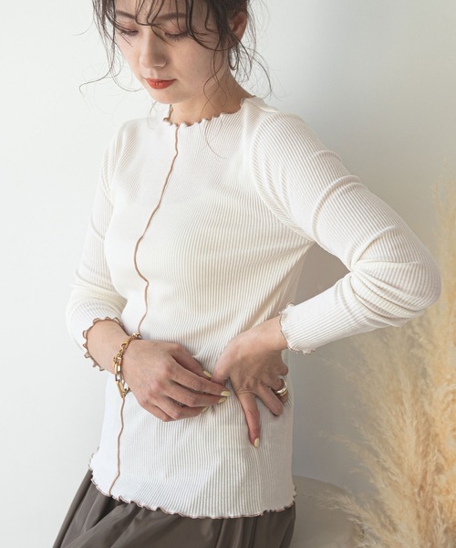 rectangle（レクタングル）の「配色メローリブカットソー（Tシャツ/カットソー・レディース・ブラック/ベージュ/オフホワイト/グリーン・FREE）」の2枚目の写真