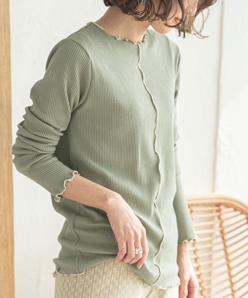 rectangle（レクタングル）の「配色メローリブカットソー（Tシャツ/カットソー・レディース・ブラック/ベージュ/オフホワイト/グリーン・FREE）」の4枚目の写真