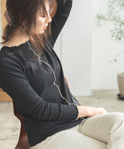 rectangle（レクタングル）の「配色メローリブカットソー（Tシャツ/カットソー・レディース・ブラック/ベージュ/オフホワイト/グリーン・FREE）」の3枚目の写真