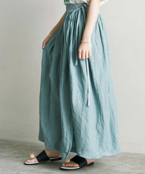 note et silence （ノートエシロンス）の「.●Linen/Cu製品染　ラップギャザースカート（スカート・レディース・サックスブルー/ホワイト/ブラック・FREE）」の4枚目の写真