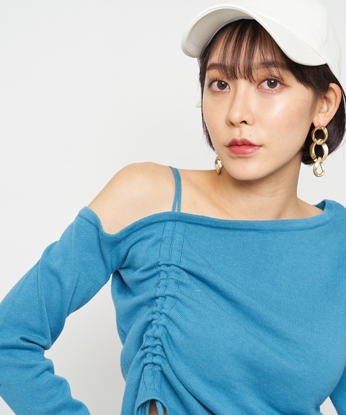 SPIRALGIRL（スパイラルガール）の「ワンショルダードロストニット（ニット/セーター・レディース・ブラック/オフホワイト/ブルー・FREE）」の7枚目の写真