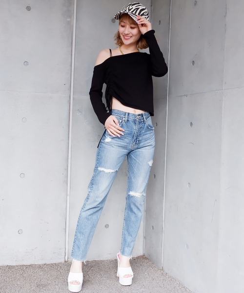 SPIRALGIRL（スパイラルガール）の「ワンショルダードロストニット（ニット/セーター・レディース・ブラック/オフホワイト/ブルー・FREE）」の16枚目の写真