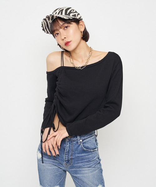 SPIRALGIRL（スパイラルガール）の「ワンショルダードロストニット（ニット/セーター・レディース・ブラック/オフホワイト/ブルー・FREE）」の9枚目の写真