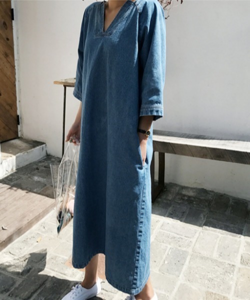 Vネック デニム ロング ワンピース 七分袖 リラックス ドレス 楽天市場】デニム ワンピース ロング 長袖 七分袖 襟付き V