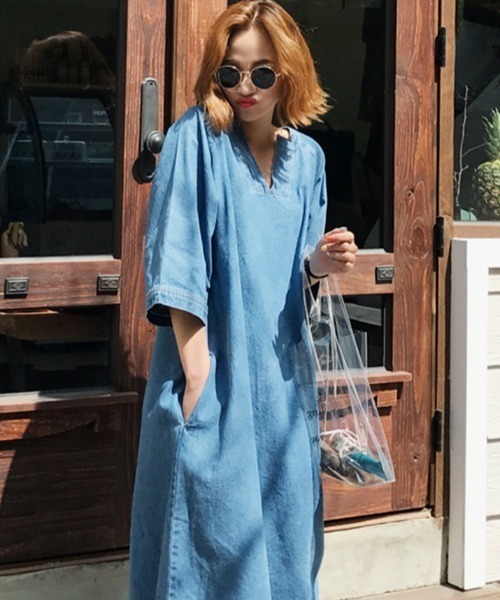 Vネック デニム ロング ワンピース 7分袖 ゆったり 体型カバー 楽天市場】デニムロングワンピース デニム デニムワンピース