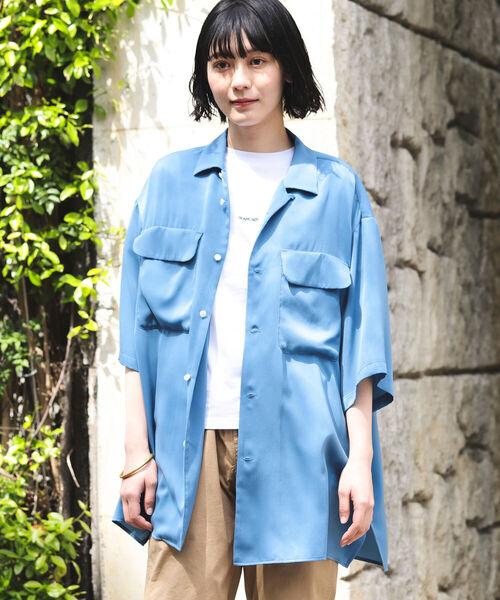 BEAMS BOY（ビームスボーイ）の「BEAMS BOY / ポリエステル ビッグ オープンカラーシャツ（シャツ/ブラウス・レディース・チャコールグレー/ブルー系その他・ONE SIZE）」の2枚目の写真