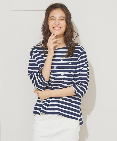 LIPSTAR（リップスター）の「【WEB別注】星柄刺繍ボーダーカットソー（Tシャツ/カットソー・レディース・アイボリー/ダークネイビー/グリーン系その他・M）」の3枚目の写真