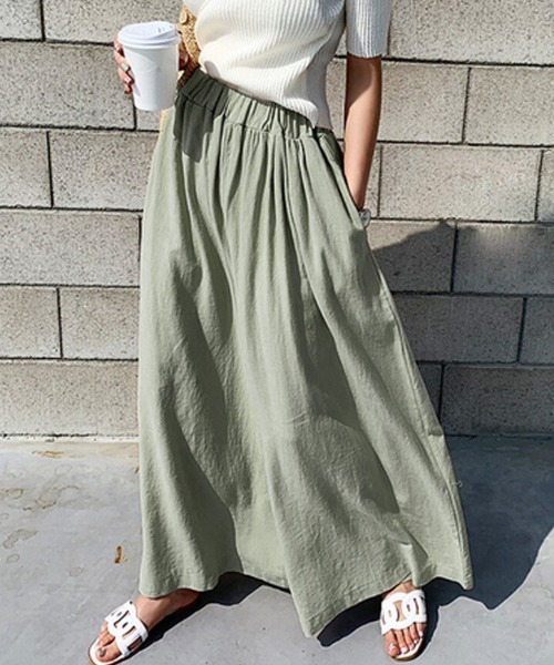 麻素材風 リラックス ワイドパンツ