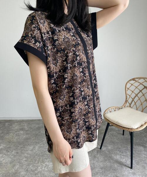 MLI'A（エムリア）の「配色ダマスク柄フレンチシャツ（シャツ/ブラウス・レディース・ブラック/オフホワイト/ブルー・M）」の3枚目の写真