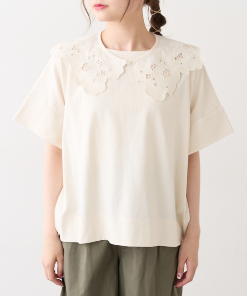 PUAL CE CIN（ピュアルセシン）の「カットワークレースつけ衿プルオーバー（Tシャツ/カットソー・レディース・オフホワイト/チャコールグレー/ナチュラル・FREE）」の15枚目の写真