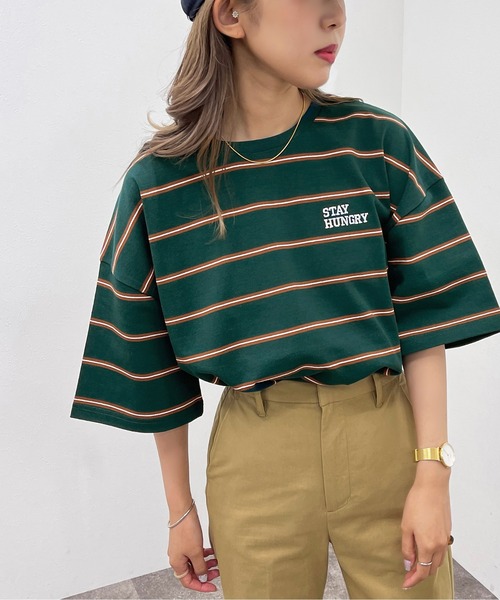 apres jour mignon（アプレジュールミニョン）の「マルチボーダーＴシャツ【ZOZOTOWN限定アイテム】（Tシャツ/カットソー・レディース・ブラック系その他/ボルドー/グリーン系その他・フリー/X-LARGE）」の2枚目の写真