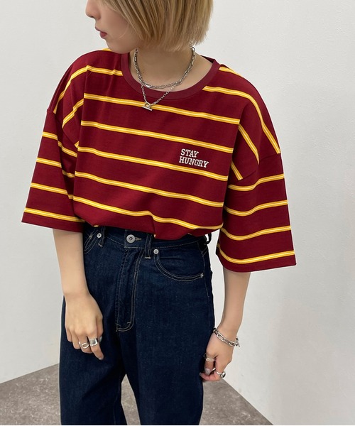 apres jour mignon（アプレジュールミニョン）の「マルチボーダーＴシャツ【ZOZOTOWN限定アイテム】（Tシャツ/カットソー・レディース・ブラック系その他/ボルドー/グリーン系その他・フリー/X-LARGE）」の13枚目の写真