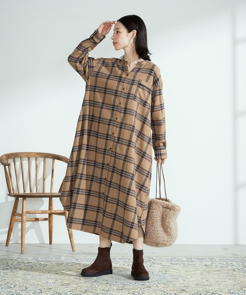 ONIGIRI(オニギリ)の「チェック柄 シャツワンピース(シャツワンピース・レディース・グレー/キャメル・LARGE/MEDIUM)」の20枚目の写真