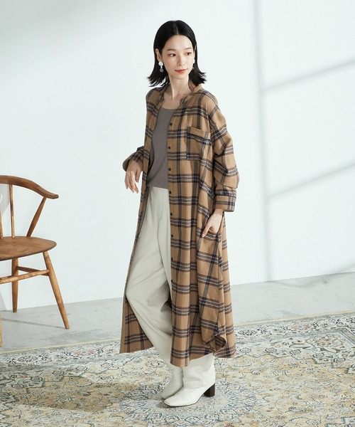 ONIGIRI(オニギリ)の「チェック柄 シャツワンピース(シャツワンピース・レディース・グレー/キャメル・LARGE/MEDIUM)」の10枚目の写真