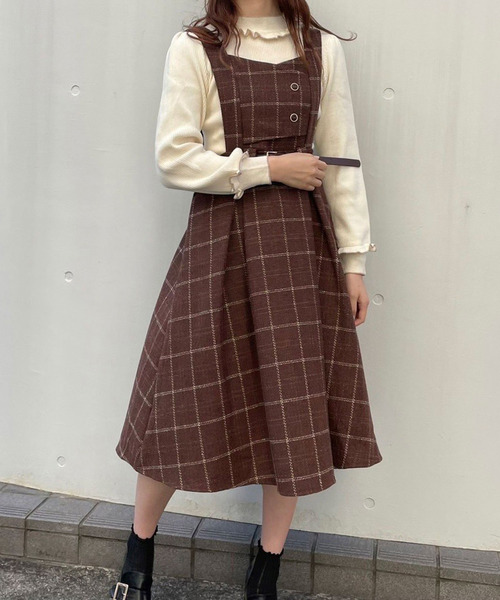 titty＆Co. PETIT（ティティアンドコープティ）の「【titty&Co.PETIT】ベルト付きチェックミディジャンスカ（ジャンパースカート・レディース・ネイビー/ブラウン・SMALL/MEDIUM）」の9枚目の写真