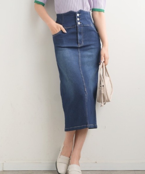 Futier land(フューティアランド)の「ハイウエストデニムナロースカート(デニムスカート・レディース・ブラック/インディゴブルー・SMALL/MEDIUM/LARGE)」の2枚目の写真