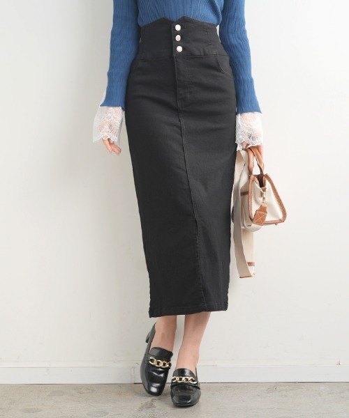 Futier land(フューティアランド)の「ハイウエストデニムナロースカート(デニムスカート・レディース・ブラック/インディゴブルー・SMALL/MEDIUM/LARGE)」の1枚目の写真