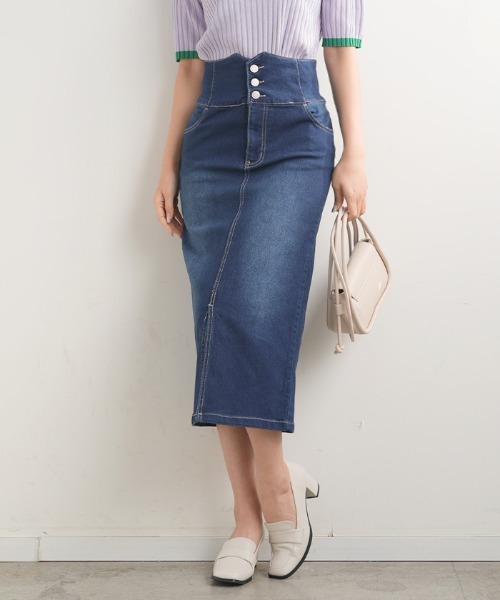 Futier land(フューティアランド)の「ハイウエストデニムナロースカート(デニムスカート・レディース・ブラック/インディゴブルー・SMALL/MEDIUM/LARGE)」の5枚目の写真
