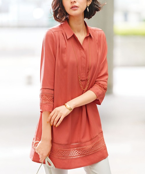 OLLEBORERLA レッド ビジュー チュニック 七分袖 ボリュームスリーブ