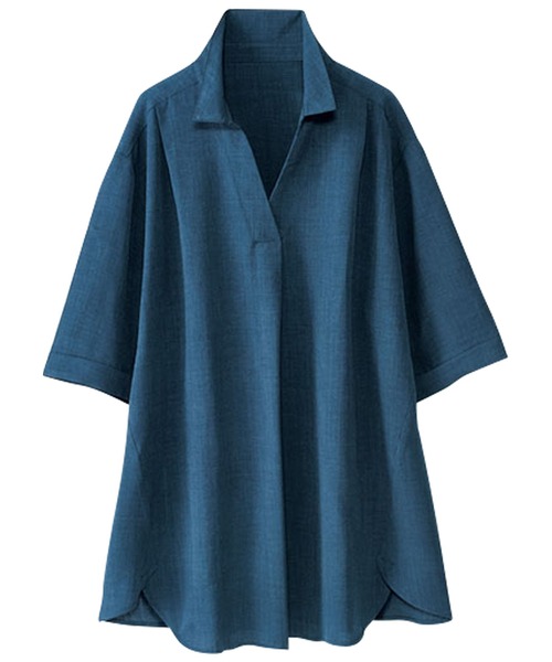 BELLUNA PLUS(ベルーナ)の「麻調素材スキッパーデザインブラウス(シャツ/ブラウス・レディース・ネイビー/オレンジ/グリーン/ターコイズブルー・LARGE/X-LARGE/MEDIUM)」の2枚目の写真