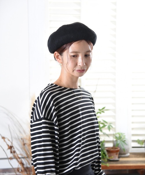 folka（フォルカ）の「1- 麻混 ニット シンプル ベレー帽（ハンチング/ベレー帽・レディース・クリーム/ブラック・ONE SIZE）」の8枚目の写真