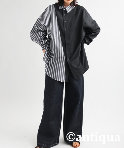 antiqua（アンティカ）の「アシメストライプシャツ（シャツ/ブラウス・レディース・ブラック・FREE）」の4枚目の写真