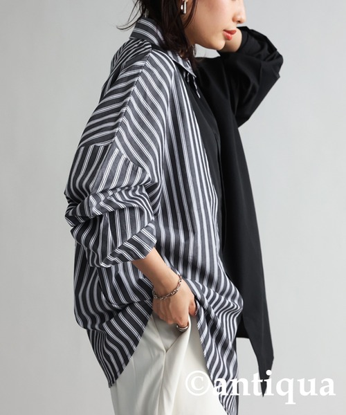antiqua（アンティカ）の「アシメストライプシャツ（シャツ/ブラウス・レディース・ブラック・FREE）」の2枚目の写真