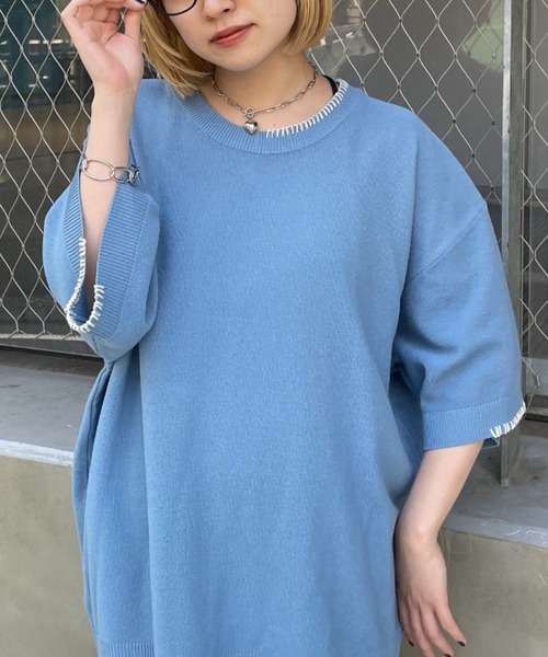 CIAOPANIC（チャオパニック）の「ハンドステッチサマーニットプルオーバー（Tシャツ/カットソー・レディース・ブルー/アイボリー/ブラック/ベージュ/オレンジ・MEDIUM/LARGE）」の4枚目の写真