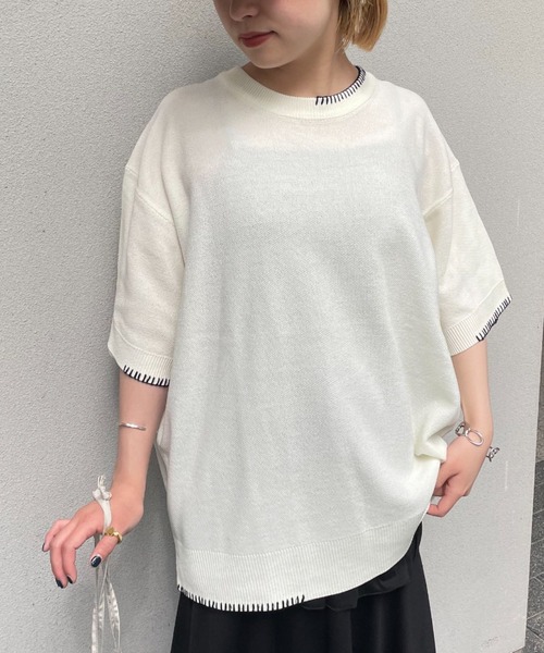 CIAOPANIC（チャオパニック）の「ハンドステッチサマーニットプルオーバー（Tシャツ/カットソー・レディース・ブルー/アイボリー/ブラック/ベージュ/オレンジ・MEDIUM/LARGE）」の2枚目の写真
