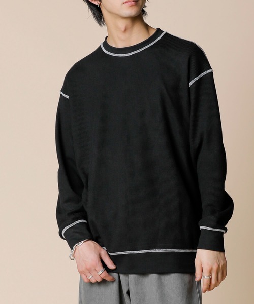 ADMIX/ATELIER SAB MEN(アドミックスアトリエサブメン)の「サーマル ワッフル / 配色カラーステッチ入り クルーネック リラックスサイズ ロンT(Tシャツ/カットソー・メンズ・ブラック/ホワイト/グレー・50/48)」の2枚目の写真