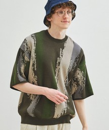 イレギュラーストライプ ジャガード編みクルーネック半袖ニット EMMA CLOTHES
