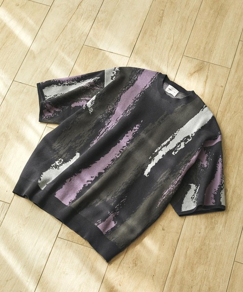 EMMA CLOTHES（エマクローズ）の「イレギュラーストライプ ジャガード編みクルーネック半袖ニット EMMA CLOTHES（ニット/セーター・メンズ・グレー/グリーン/ブラック・M/L）」の14枚目の写真