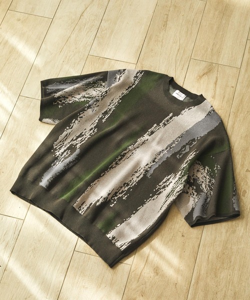 EMMA CLOTHES（エマクローズ）の「イレギュラーストライプ ジャガード編みクルーネック半袖ニット EMMA CLOTHES（ニット/セーター・メンズ・グレー/グリーン/ブラック・M/L）」の15枚目の写真