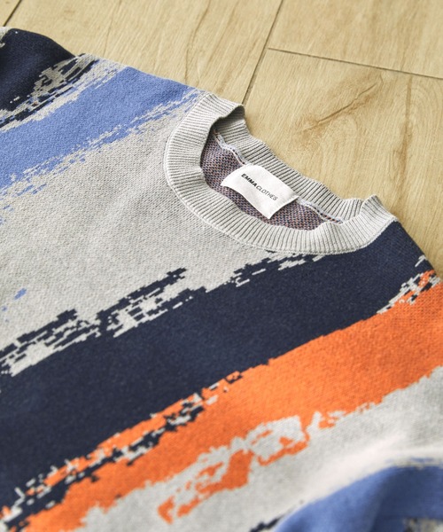 EMMA CLOTHES（エマクローズ）の「イレギュラーストライプ ジャガード編みクルーネック半袖ニット EMMA CLOTHES（ニット/セーター・メンズ・グレー/グリーン/ブラック・M/L）」の19枚目の写真