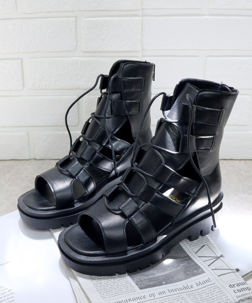 LOVEHUNTER（ラブハンター）の「+5cm 軽量厚底 バックジップ グラディエーター レースアップ ブーツサンダル（サンダル・レディース・ブラック/アイボリー・S/M/3L/L/LL）」の7枚目の写真