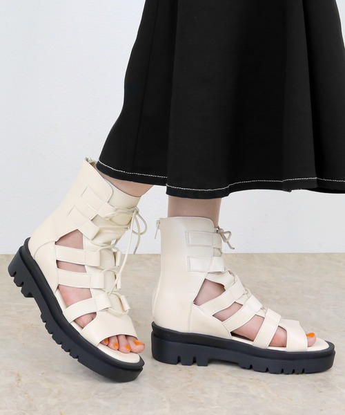 LOVEHUNTER（ラブハンター）の「+5cm 軽量厚底 バックジップ グラディエーター レースアップ ブーツサンダル（サンダル・レディース・ブラック/アイボリー・S/M/3L/L/LL）」の16枚目の写真