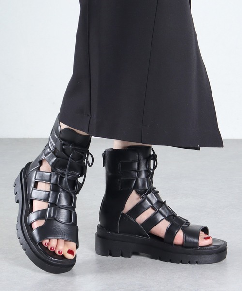LOVEHUNTER（ラブハンター）の「+5cm 軽量厚底 バックジップ グラディエーター レースアップ ブーツサンダル（サンダル・レディース・ブラック/アイボリー・S/M/3L/L/LL）」の12枚目の写真